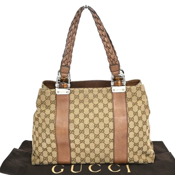 GUCCI Logo GG Pattern Shoulder Tote Bag Bamboo Canvas Leather Brown 36EF407 - Picture 1 of 16